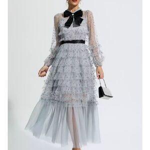 Sheer Tiered Long Sleeve Gray Maxi Dress with Black Bow